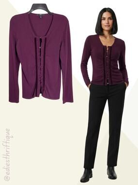 Hugo Boss Cardigan Long Sleeve Fitted Ruffle Detail Angora Blend Purple M / L